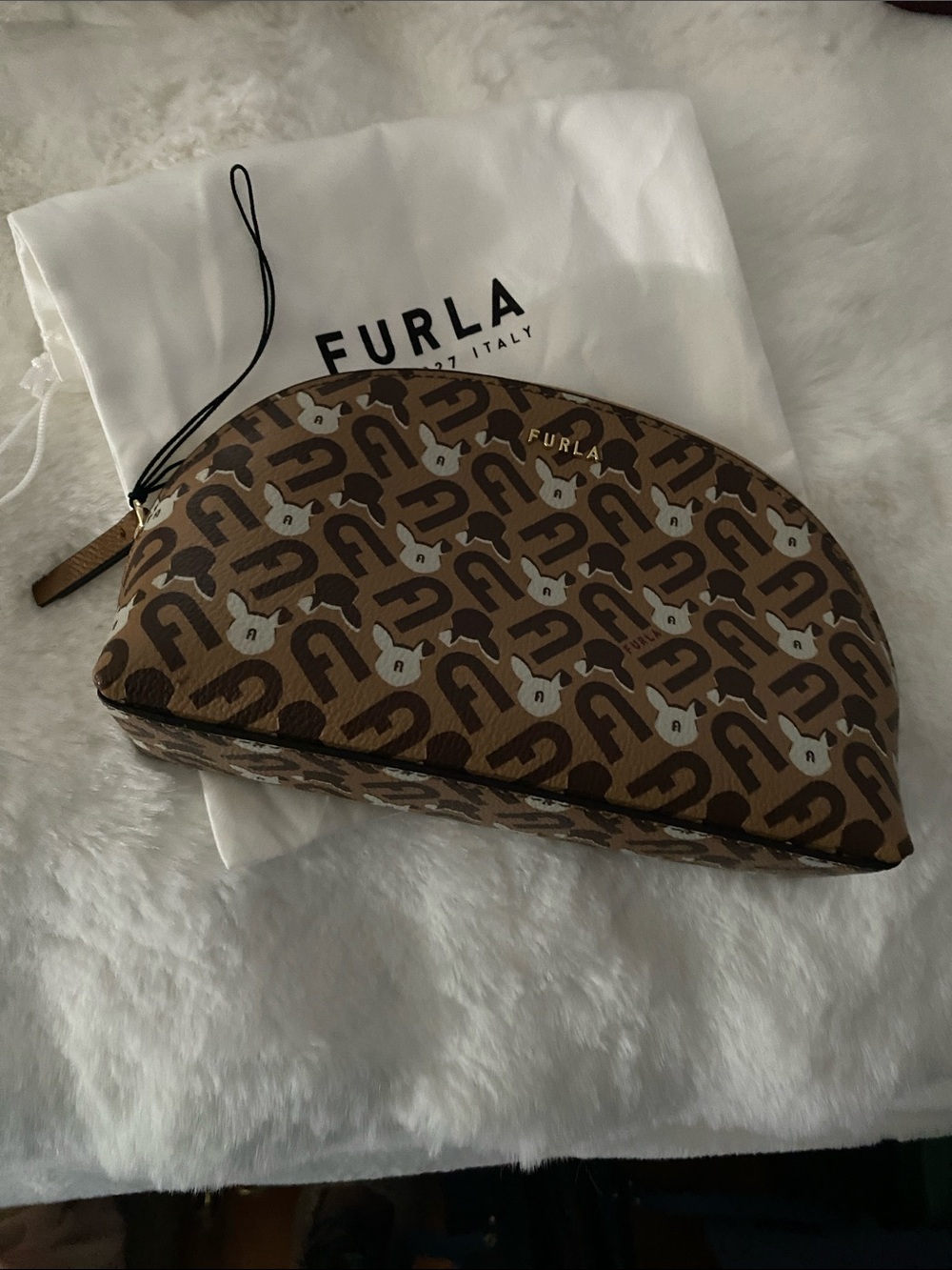 Furla Tan and Brown Logo-Print Half-Moon Pouch with Dust Bag New Without Tags